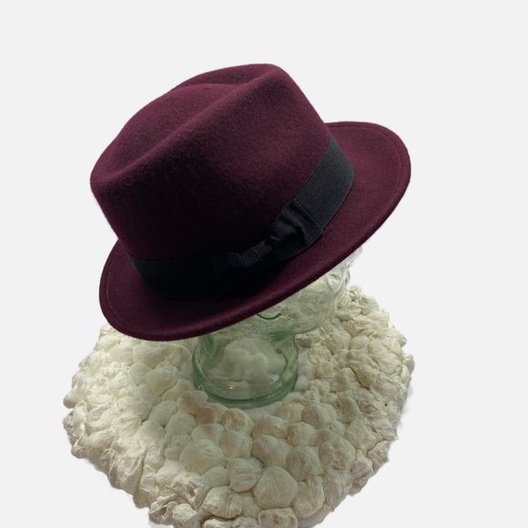 Burgundy Deep Red Wool Fedora with Black Grosgrain Ribbon Band - Picture 4 of 11